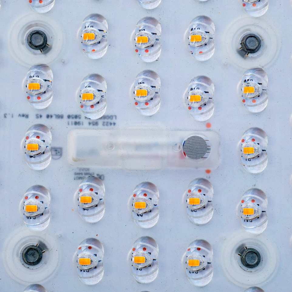 Close-up of many small led lights on a circuit board.